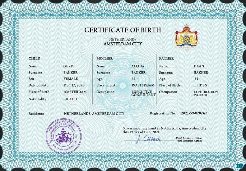 Download Netherlands vital record birth certificate PSD template Photoshop template
